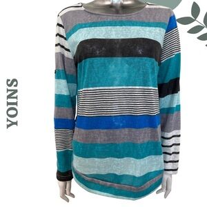 🛍️3/$40 YOINS Striped Knit Pullover Lightweight Long Sleeve Teal Blue Grey Large